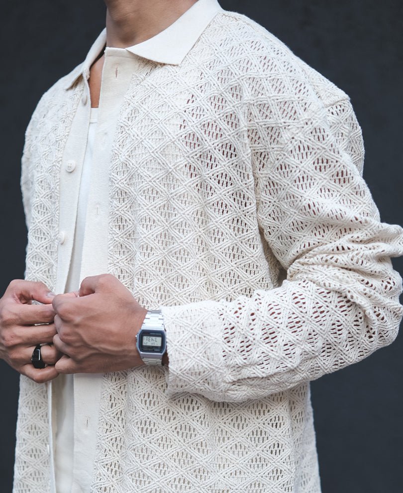 Cream Crochet Knit Oversized Full Sleeves Shirt