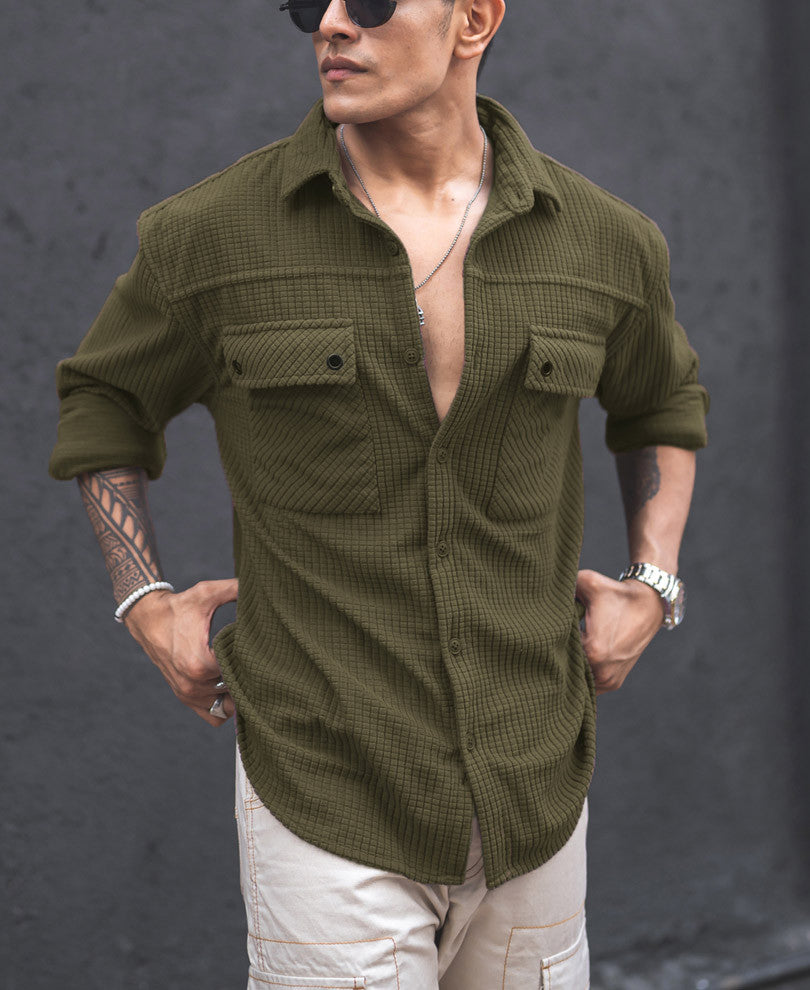Olive Green Structured Knit Oversized Shirt