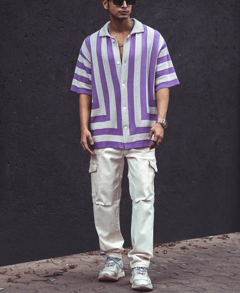White and Lavender Crochet Knit Striped Oversized Shirt