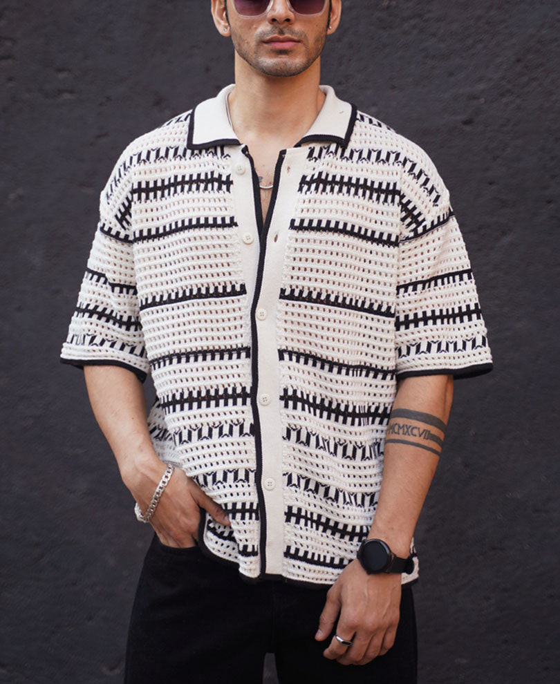 White and Black Crochet Knit Oversized Half Sleeves Shirt