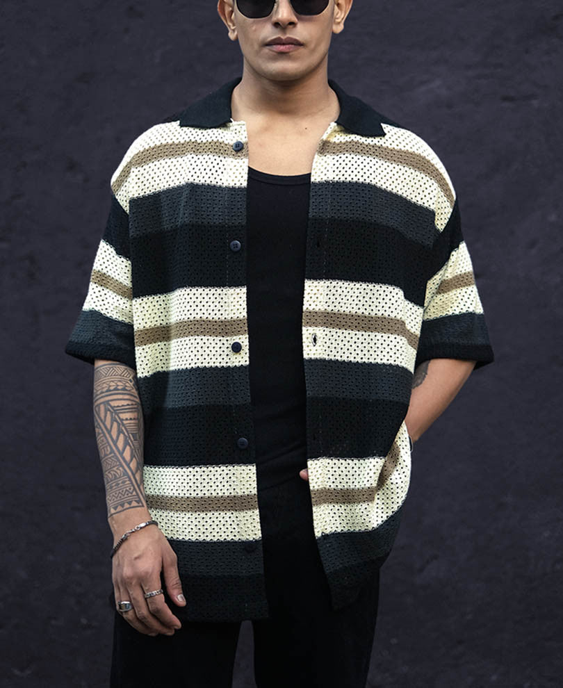 Multicolor Crochet Knit Striped Oversized Shirt
