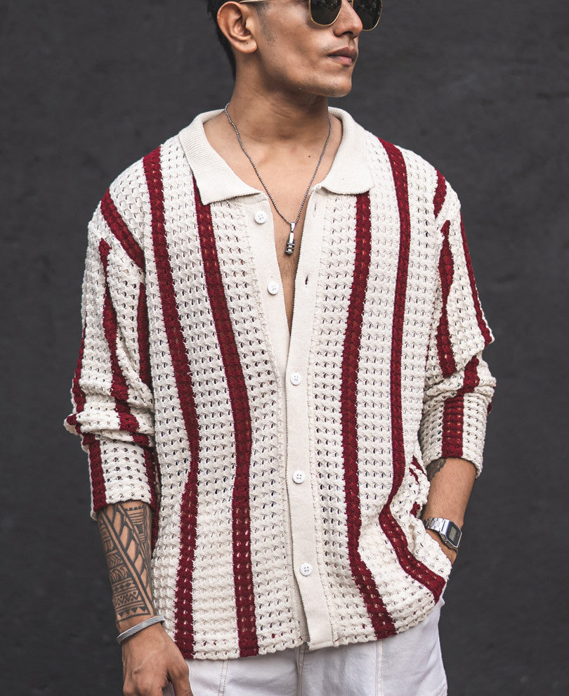 Off White and Maroon Striped Crochet Knit Oversized Shirt