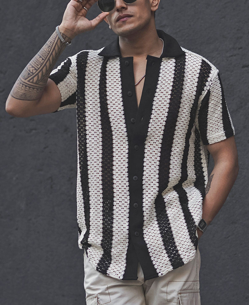 Black and White Crochet Knit Striped Shirt