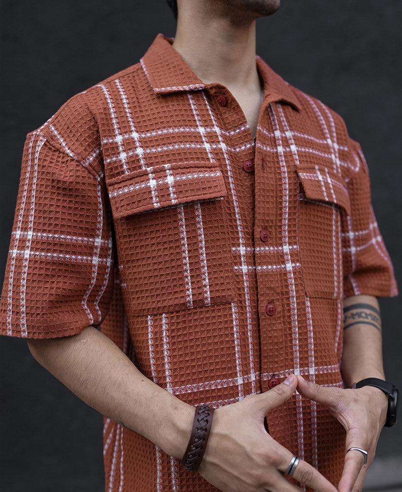 Orange Structured Checks Oversized Half Sleeves Shirt
