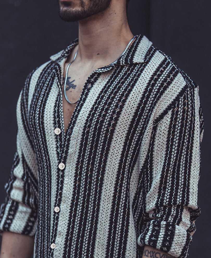 Black and White Crochet Knit Striped Full Sleeves Shirt