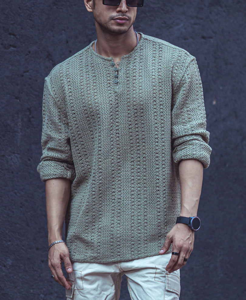 Green Crochet Knit Oversized Kurta Style Shirt