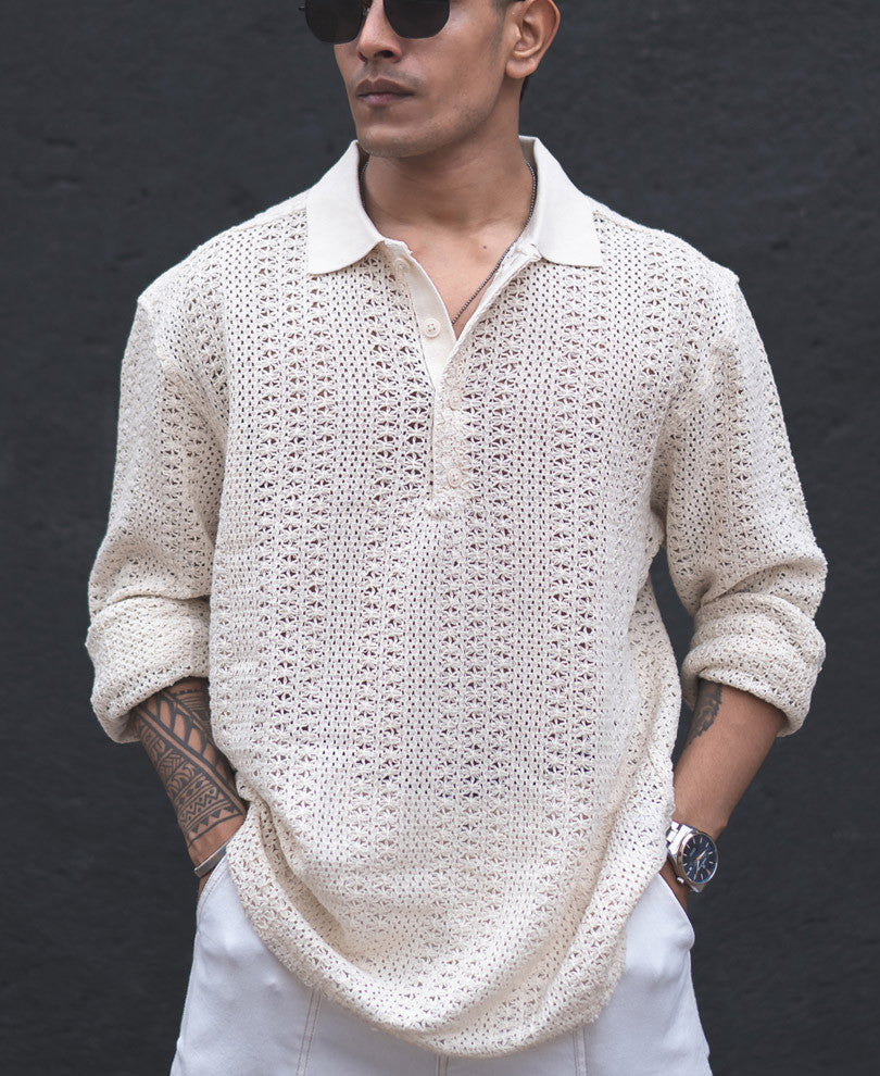 Light Cream Crochet Knit Oversized Kurta Style Shirt