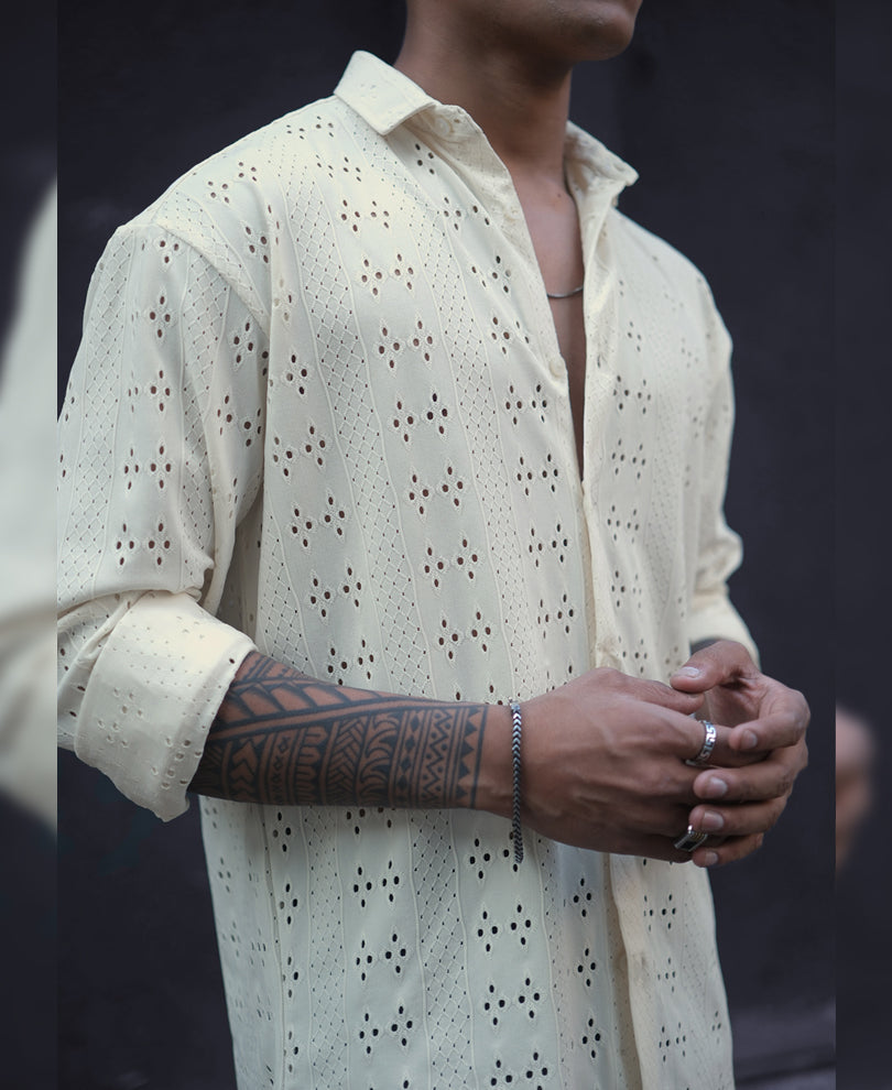 Cream Structured Crochet Knit Oversized Shirt