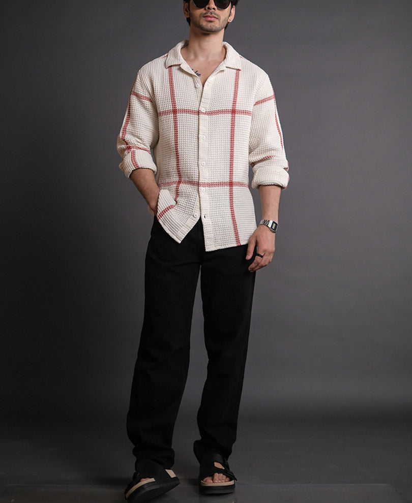Off White Structured Checks Full Sleeves Shirt
