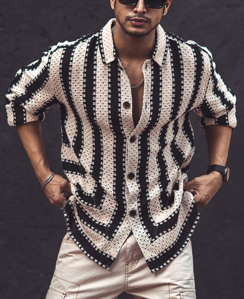 Black and White Crochet Knit Striped Oversized Shirt