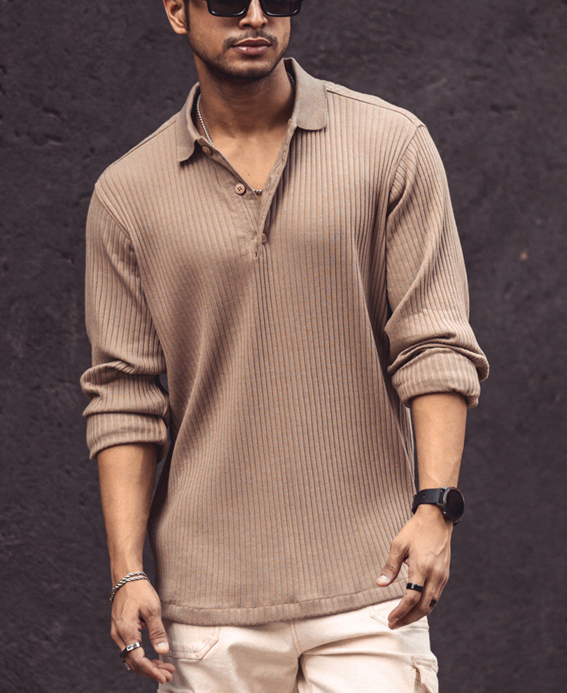 Beige Rib-Knit Full Sleeves T-Shirt