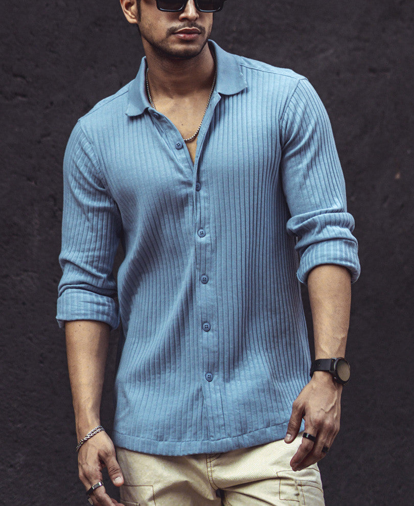 Sky Grey Rib-Knit Full Sleeves Shirt