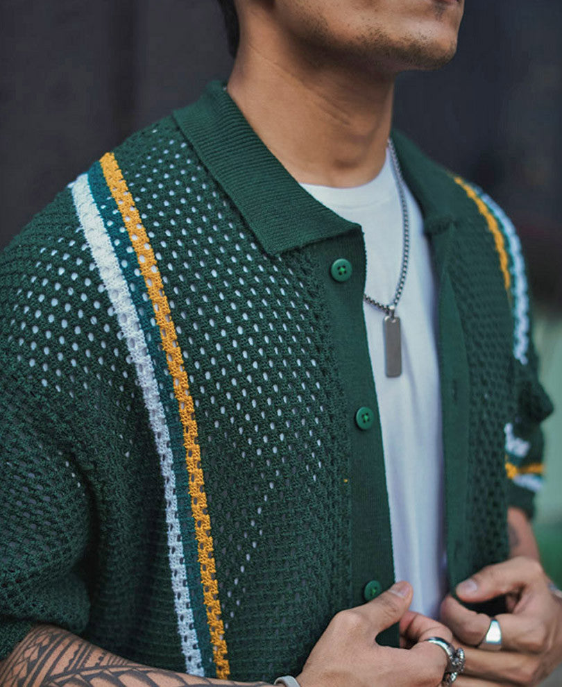Dark Green Crochet Knit Striped Oversized Shirt