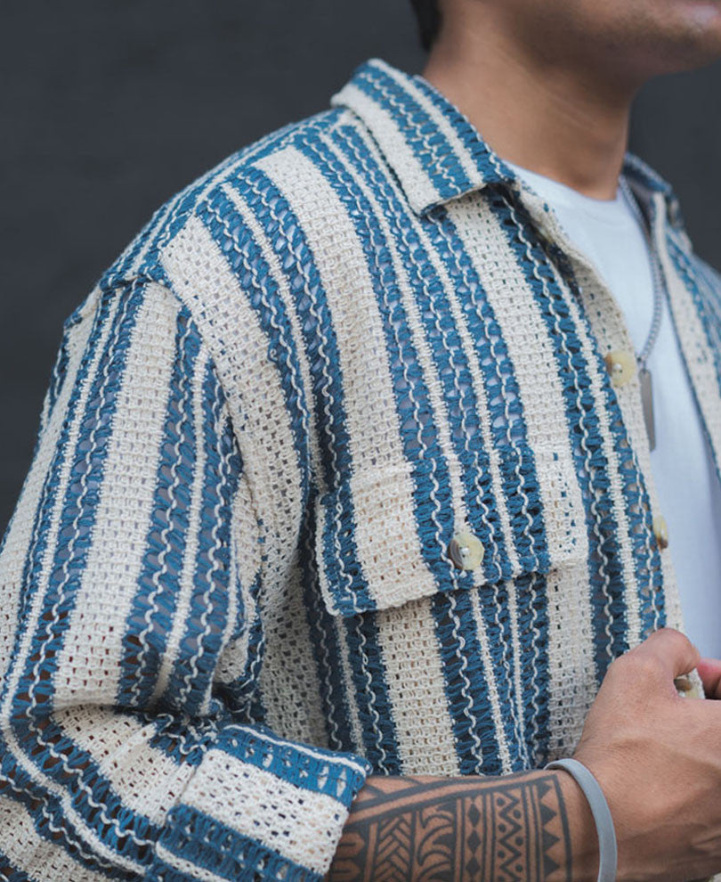 Blue and White Crochet Knit Striped Oversized Shirt