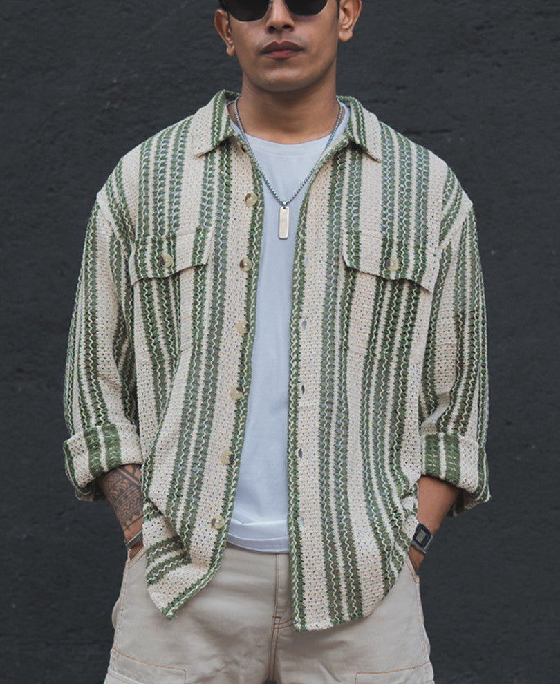 Off White and Green Crochet Striped Oversized Shirt