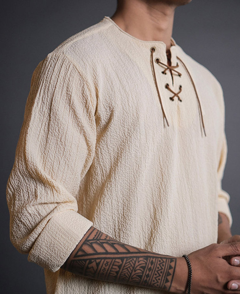 Cream Structured Kurta Style Full Sleeves Shirt
