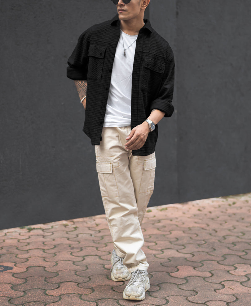 Black Structured Knit Full Sleeves Oversized Shirt