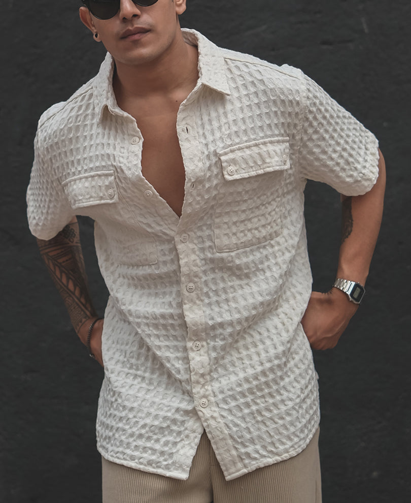 Off White Structured Puff Waffle Half Sleeves Shirt