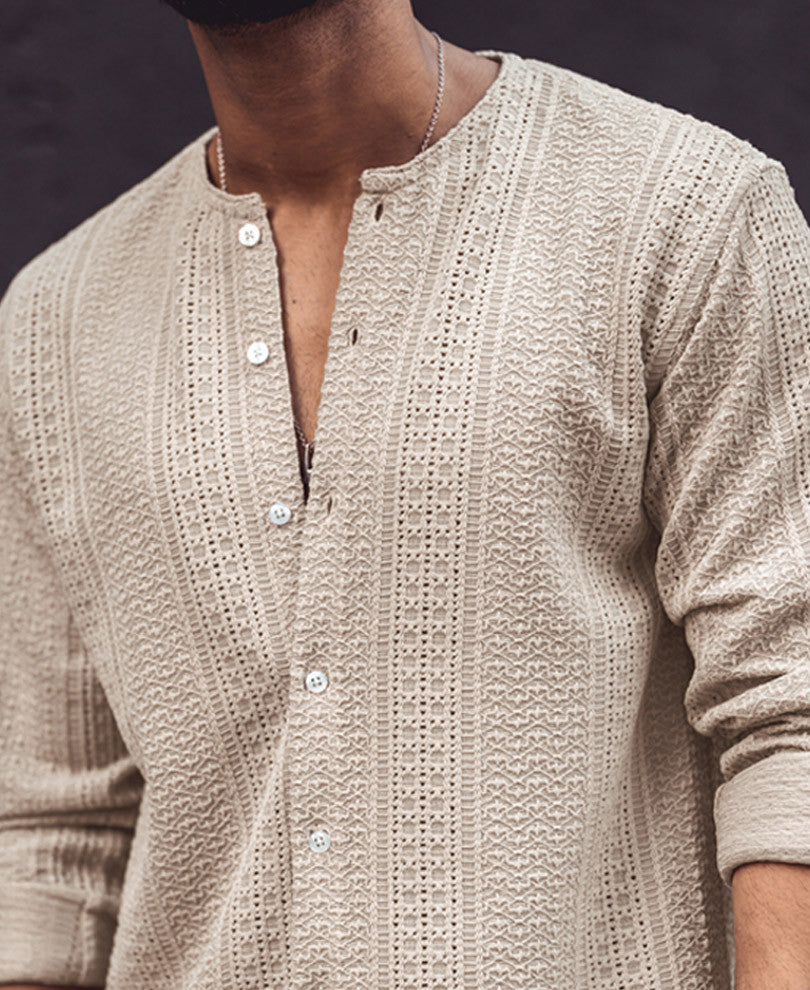 Beige Crochet Full Sleeves Shirt