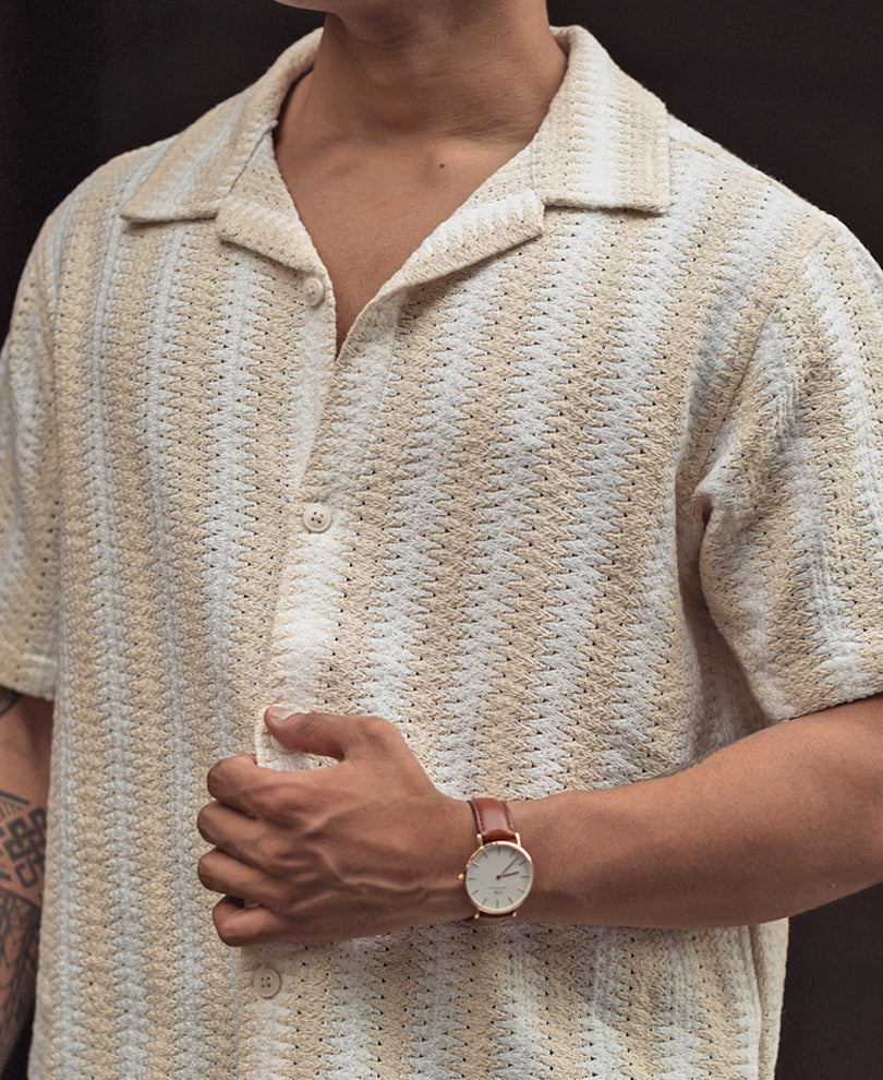 Off White and Beige Crochet Striped Regular Fit Shirt
