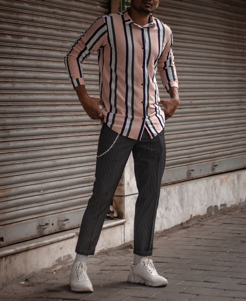 Pink Multi Stripe Button Style Full Sleeves T Shirt