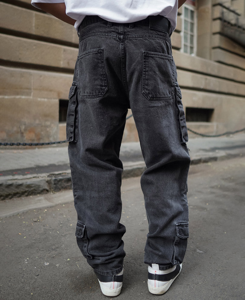 Black Denim Cargo Pocket Baggy Fit Jeans