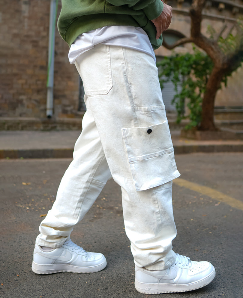 Off White Baggy Fit Patch Pockets Denim Jeans