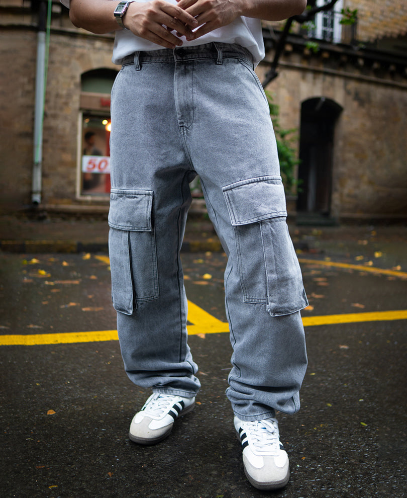 Charcoal Grey Baggy Fit Denim Jeans with Cargo Pockets