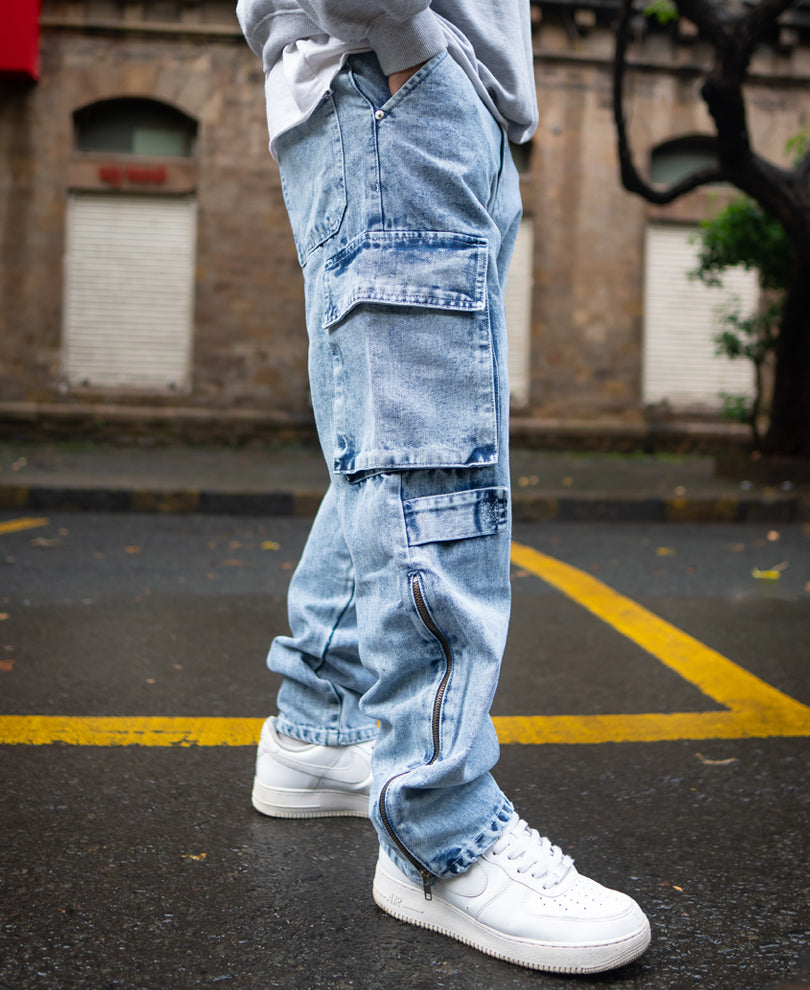 Ice Blue Baggy Fit Cargo Pocket Denim Jeans