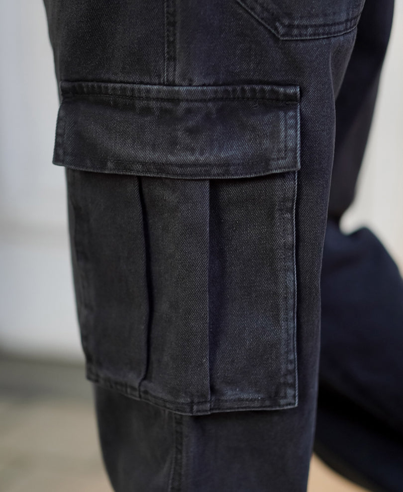 Dusty Black Baggy Fit Side Pocket Cargo Jeans