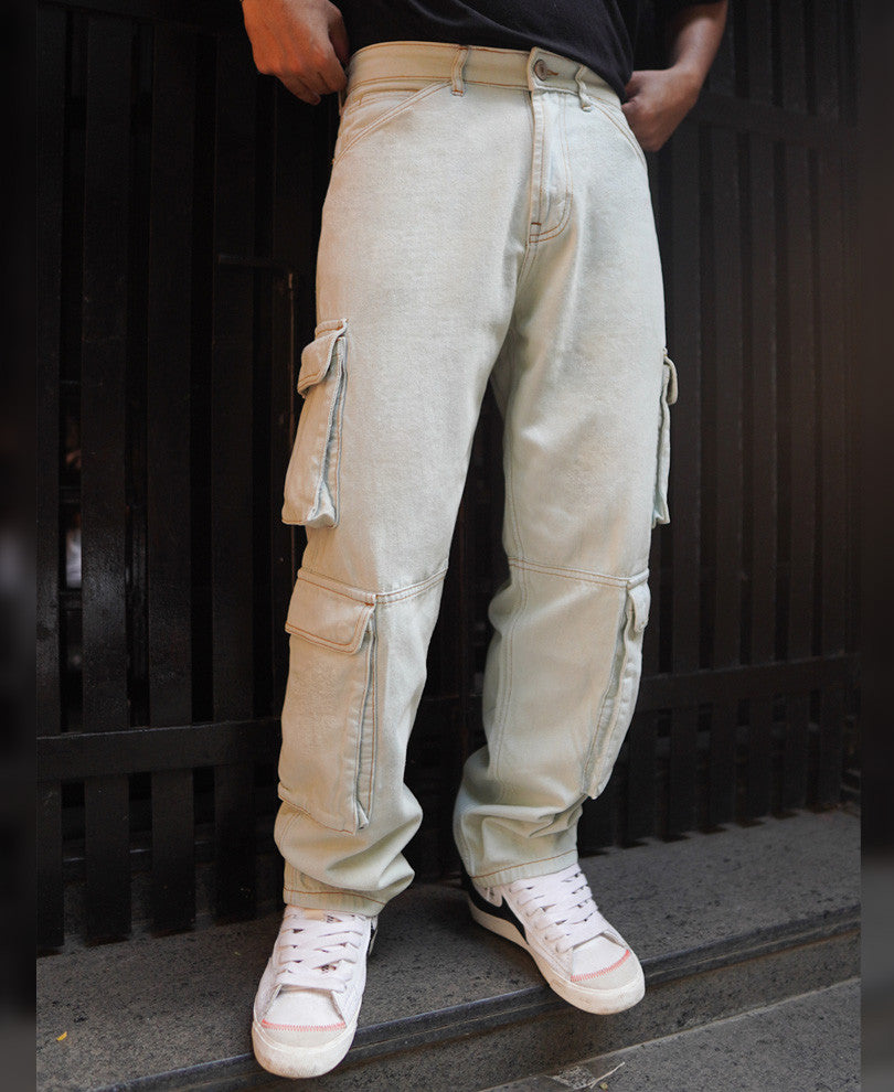 Faded Blue Cargo Denim Baggy Fit Jeans