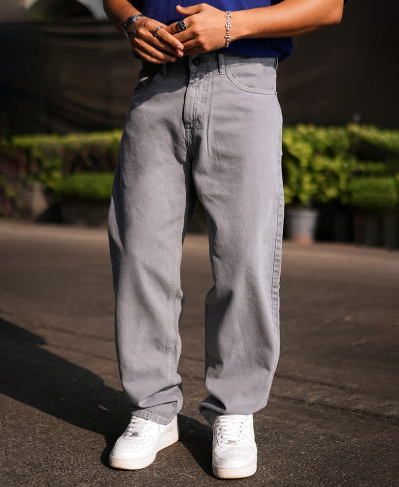 Light Grey Denim Solid Baggy Fit Jeans