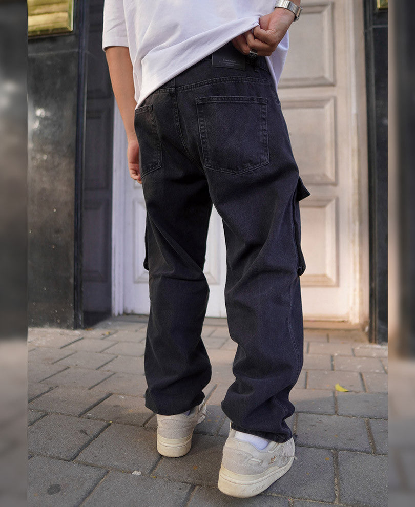 Black Cargo Pocket Denim Baggy Fit Jeans
