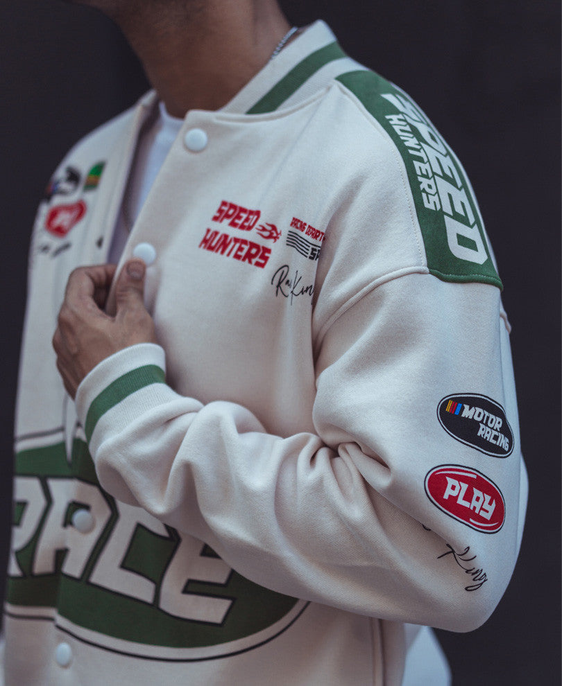 Cream Race Oversized Varsity Jacket