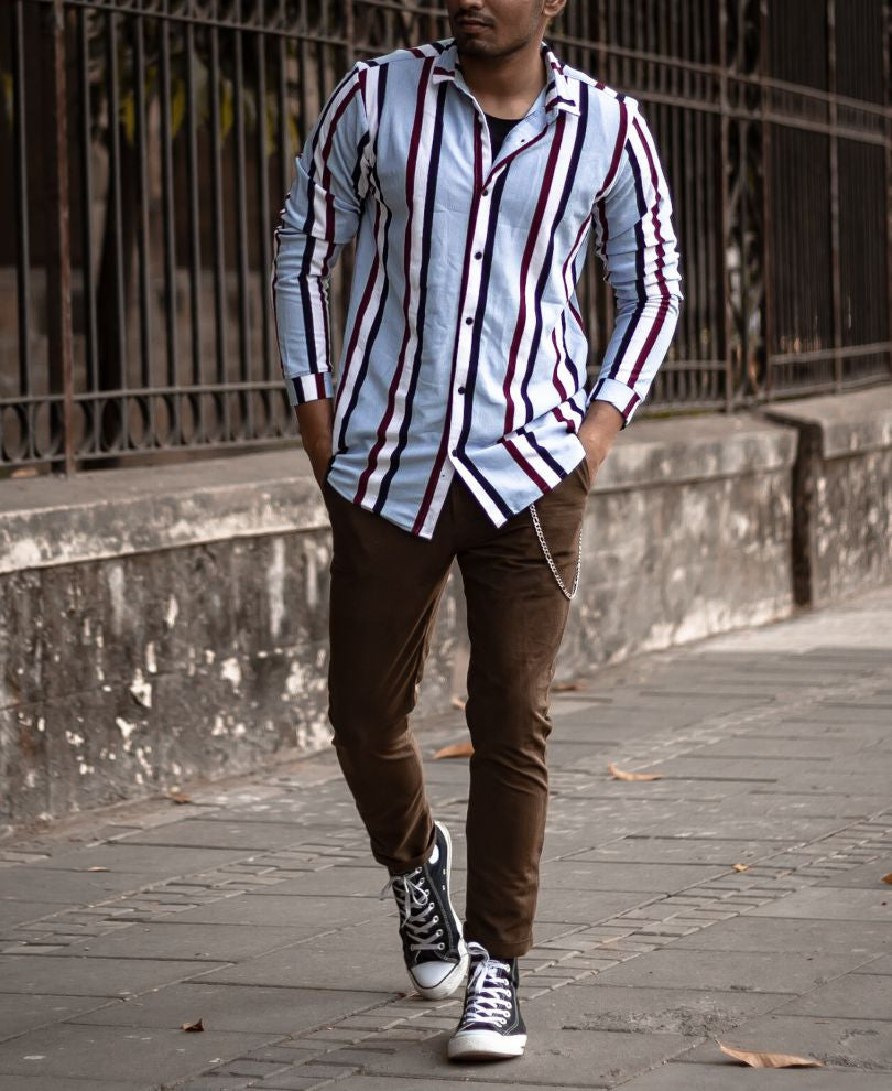 Blue Multi Stripe Button Style Full Sleeves T Shirt