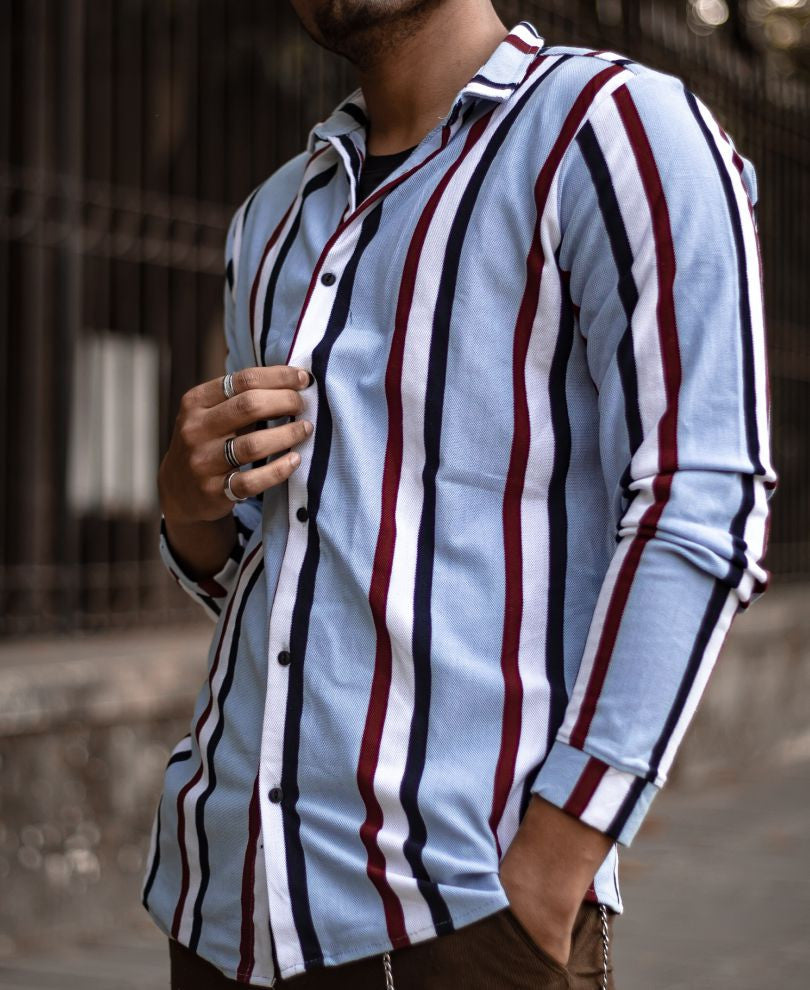 Blue Multi Stripe Button Style Full Sleeves T Shirt