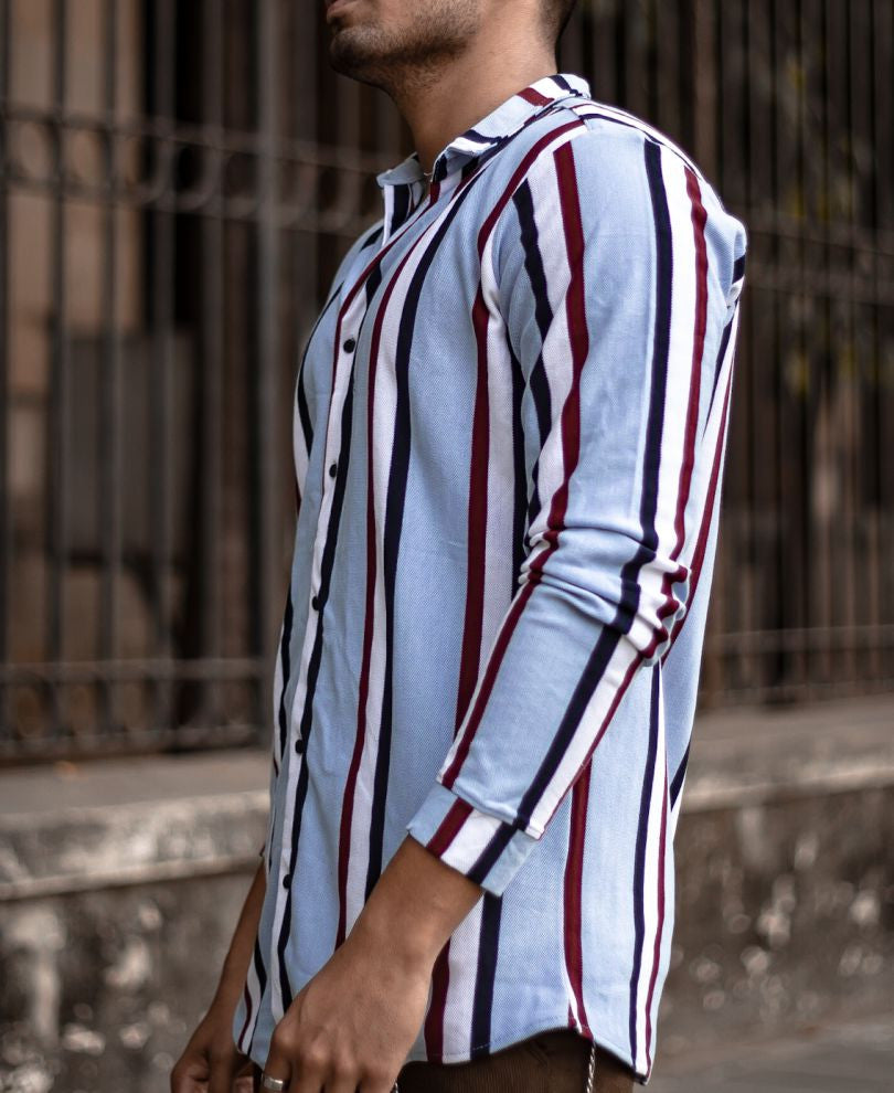 Blue Multi Stripe Button Style Full Sleeves T Shirt