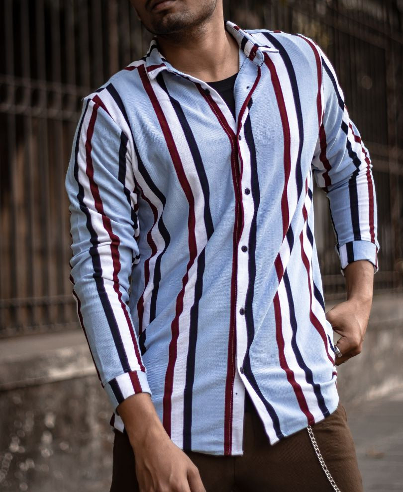 Blue Multi Stripe Button Style Full Sleeves T Shirt
