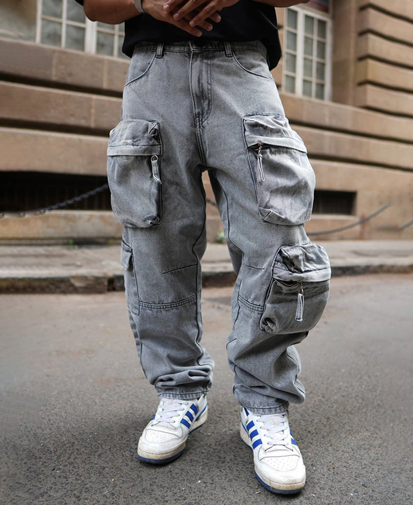 Grey Denim Baggy Fit Cargo Jeans
