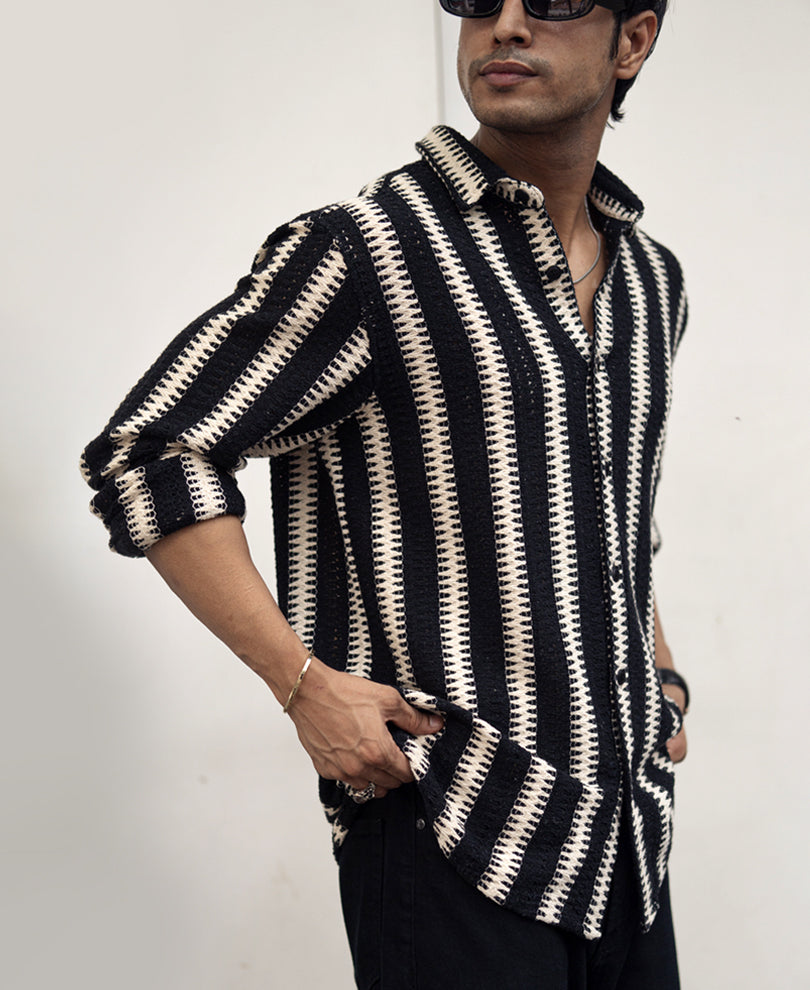 Black and White Striped Regular fit Crochet  Full Sleeves Shirt