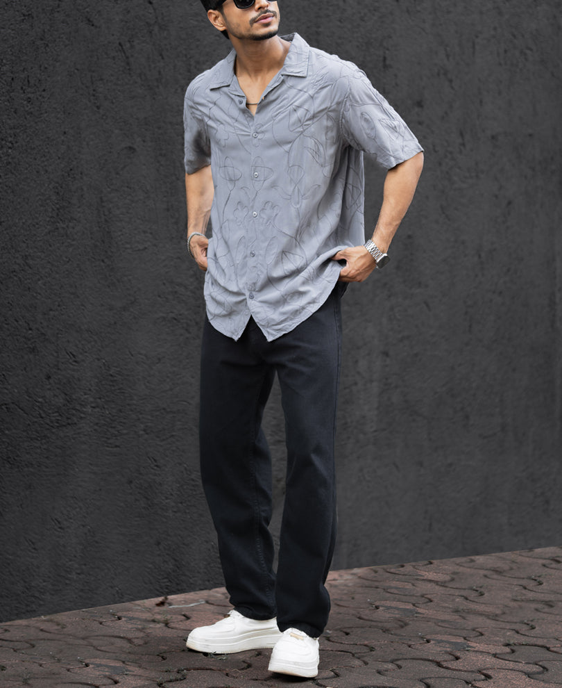 Grey Embroidery Oversized Half Sleeves Shirt