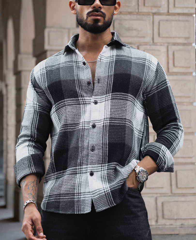 Black and White Checked Regular Fit Full Sleeve Waffle Shirt