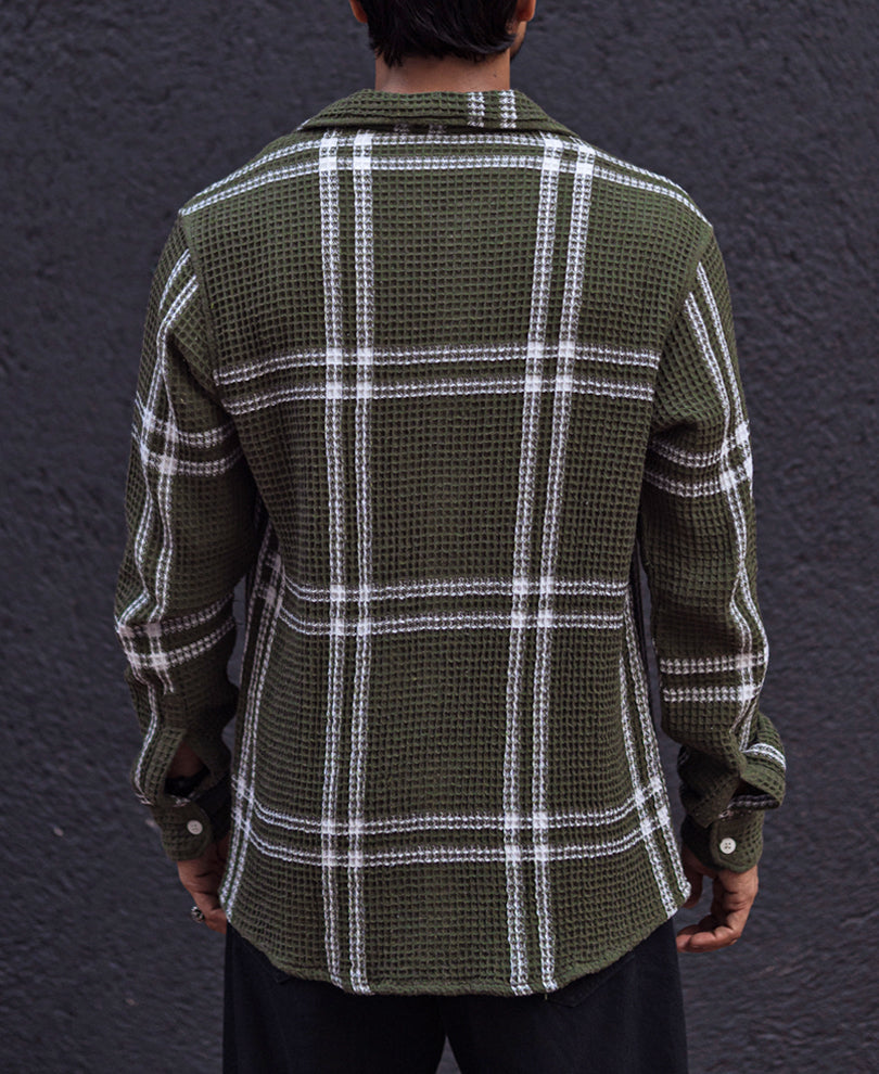 Green and White Striped Waffle Structured Regular fit Full Sleeves Shirt
