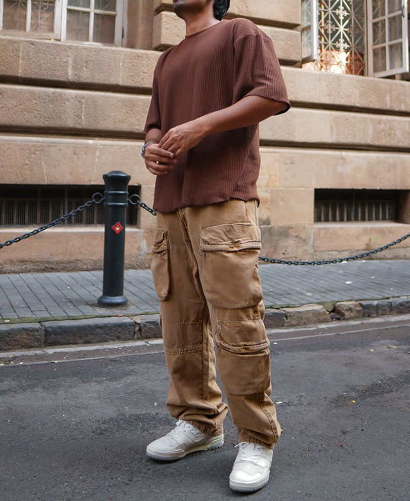 Camel Denim Cargo Baggy Fit Jeans