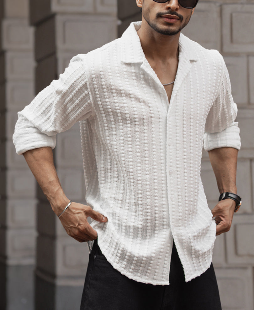 White Self Striped Structured Regular Fit Full Sleeves Shirt