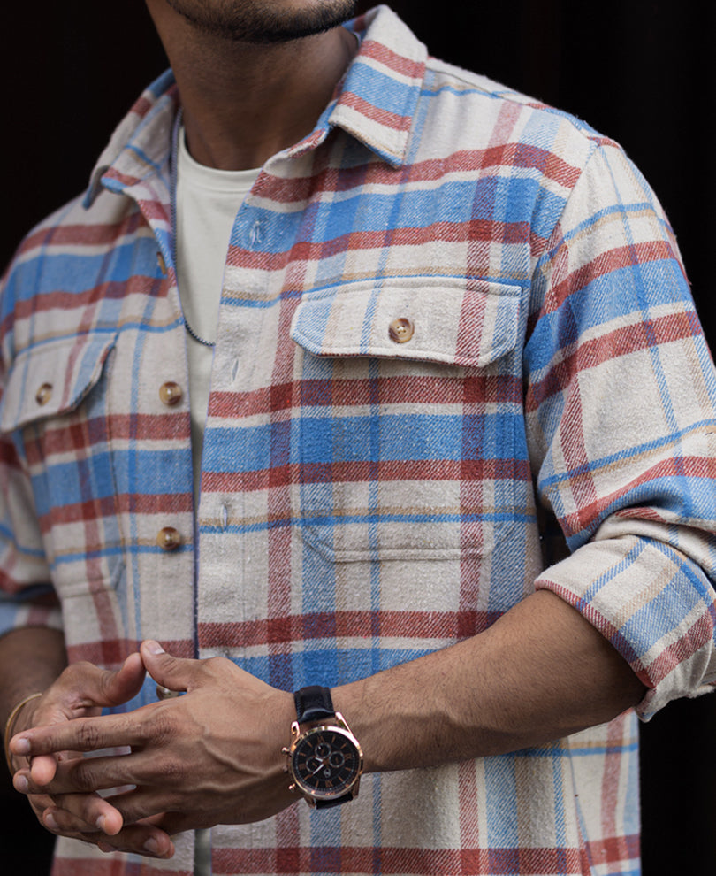 Multicolour Checked Regular Fit Shirt with Double Flap Pockets