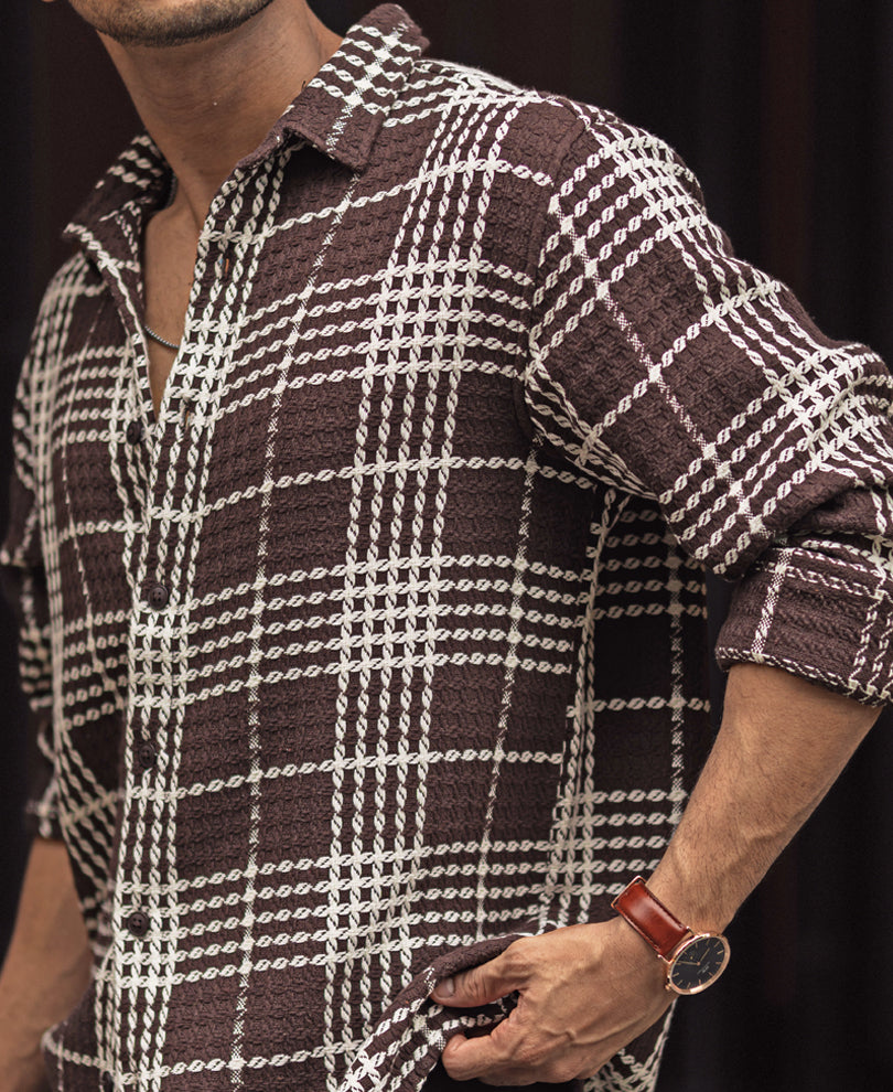 Brown and White Structured Checks Regular Full Sleeves Shirt
