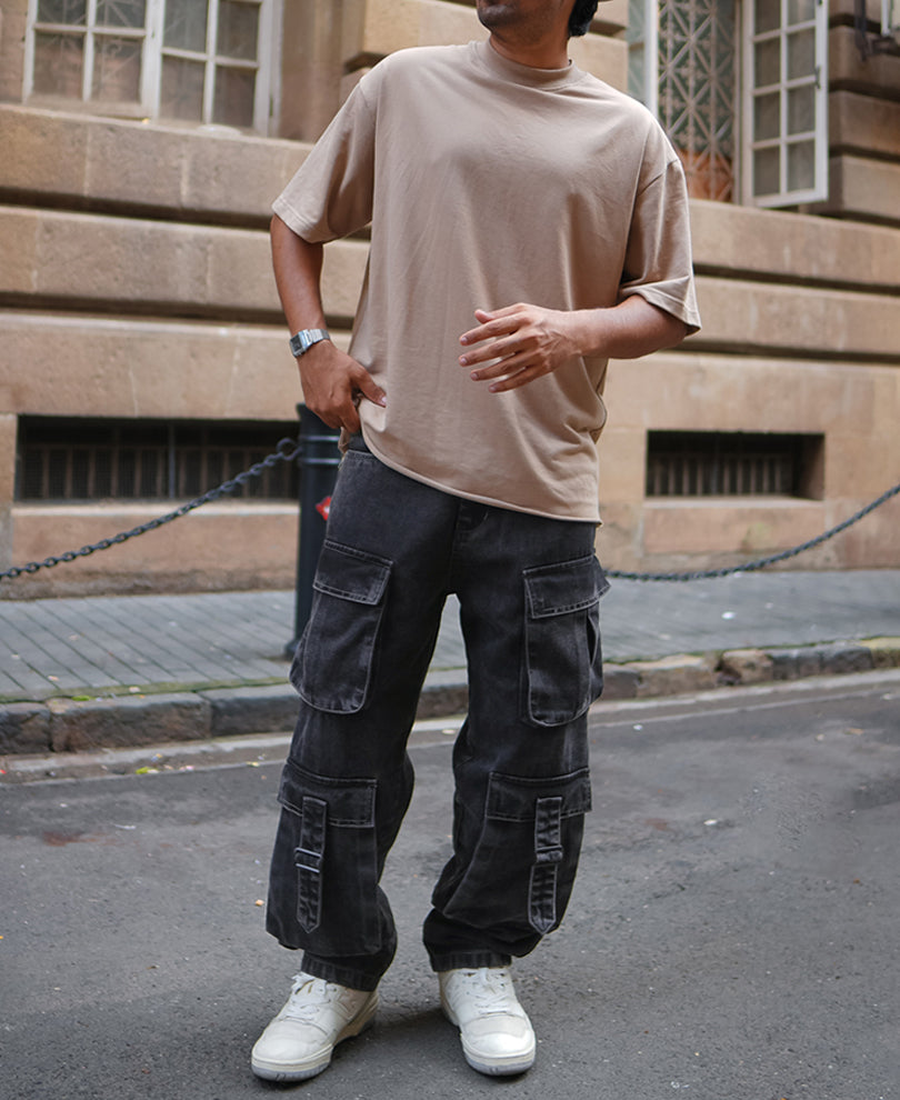Carbon Black Baggy Fit Cargo Denim Jeans with Patch Pockets