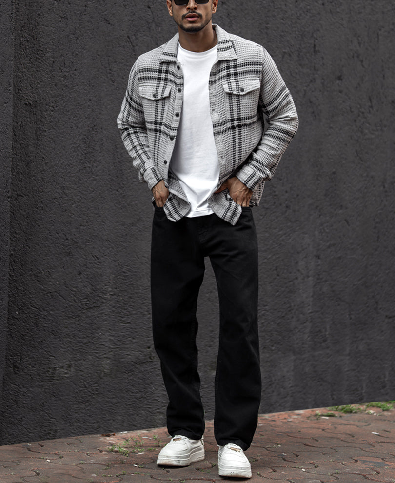 Grey And Black Stripe Waffle Checks Regular Fit Full Sleeves Shirt
