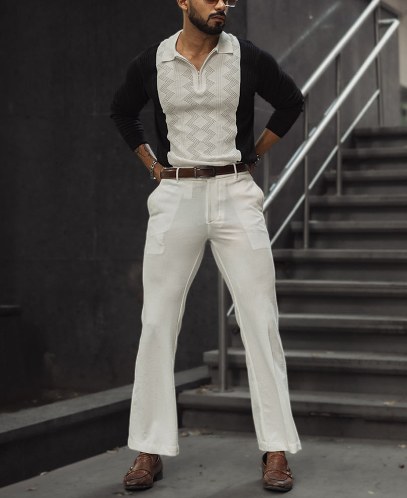 White and Black Knitted Regular Fit Full Sleeves Zipper T Shirt